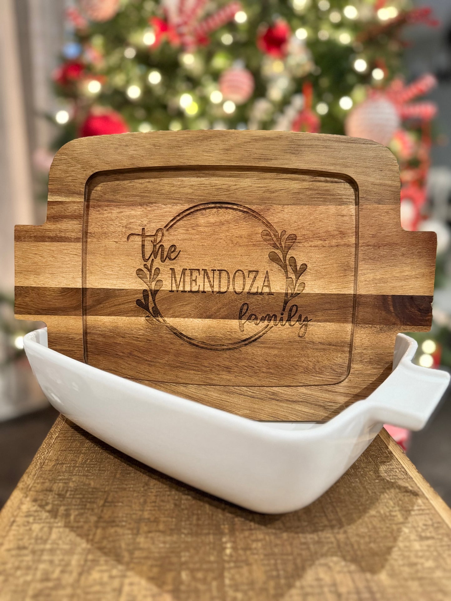 Engraved Wooden Top Ceramic Dish